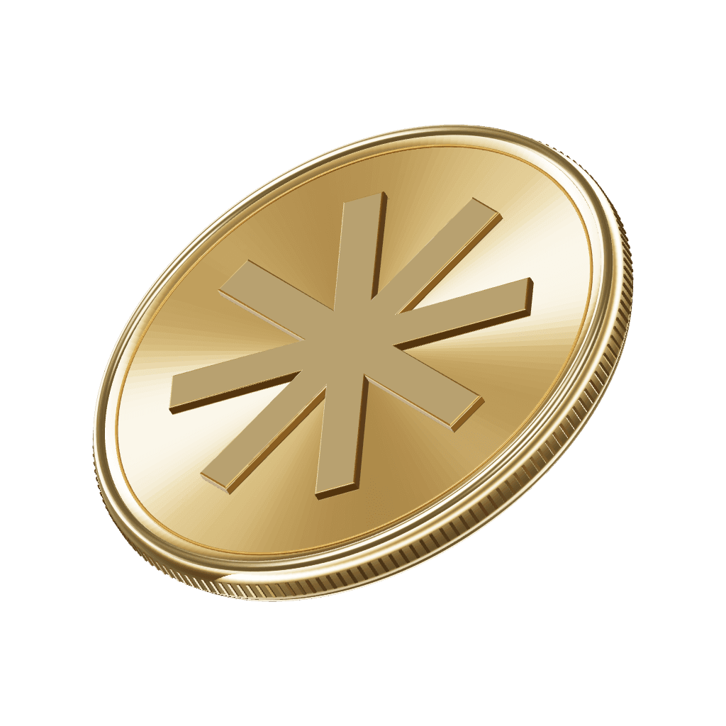 Tilted gold CREDIT coin with a raised eight-spoke asterisk