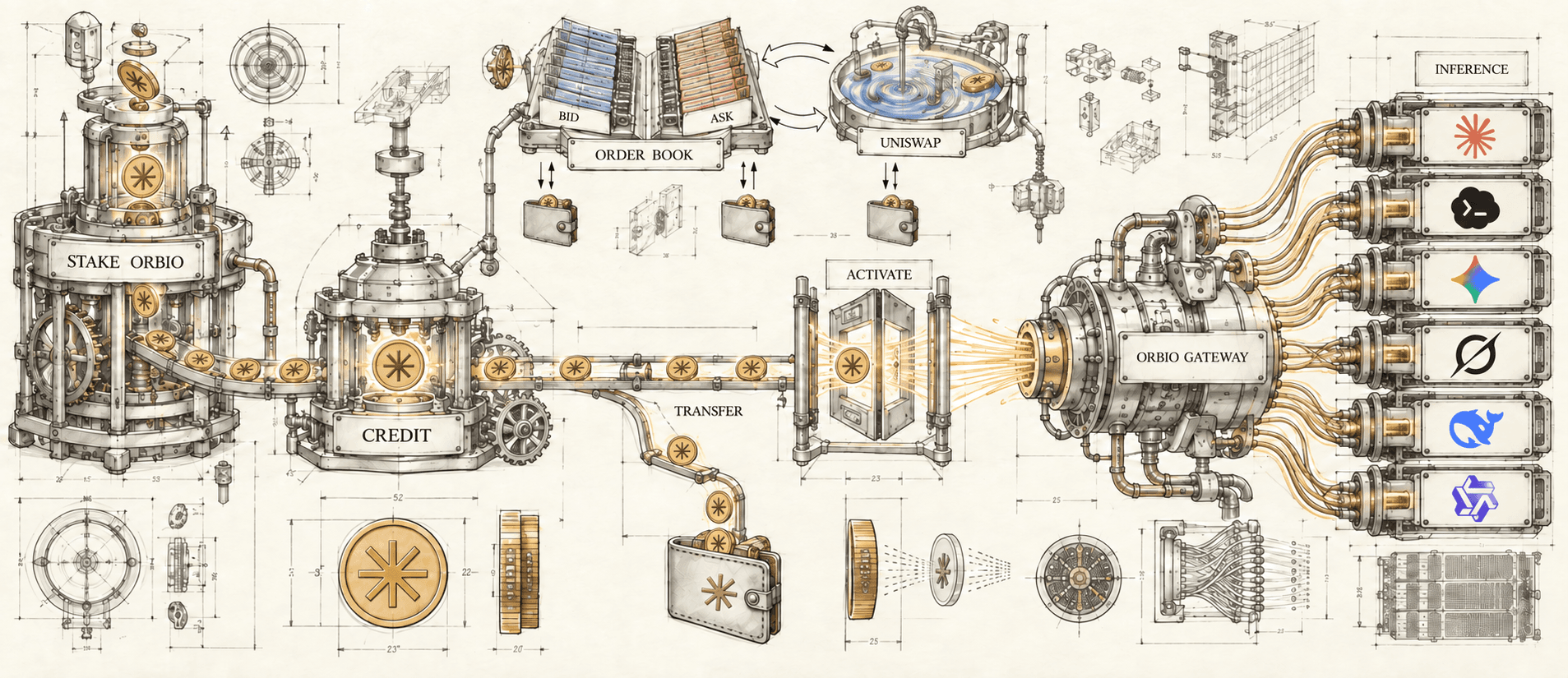 Hand-drawn CREDIT protocol machine with eight-ray asterisk coins connecting staking, markets, transfers, and activation to the Orbio Gateway, with Claude, Codex, Gemini, Grok, DeepSeek, and Qwen logos on six inference units.